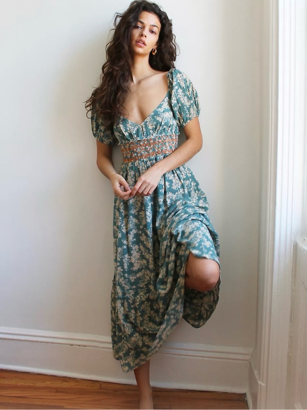 Black Tape_ Teal Floral Maxi Dress with Cream Print and Gold Smocking